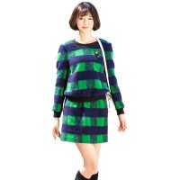 妞娜时尚格纹面料保暖短裙套装NP154059C1