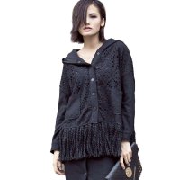 欧美休闲连帽外套潮牌2015秋冬新款流苏下摆纯色羊毛衫外套女235360011