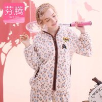芬腾2015新款珊瑚绒冬天睡衣女加厚可爱连帽豹纹家居服套装X9546952