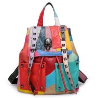 bubule潮酷铆钉抽带头层牛皮拼接双肩包1899