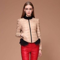 I'HAPPY海贝 圆领修身貉子毛拼接短装羽绒服 17R10A641272驼色