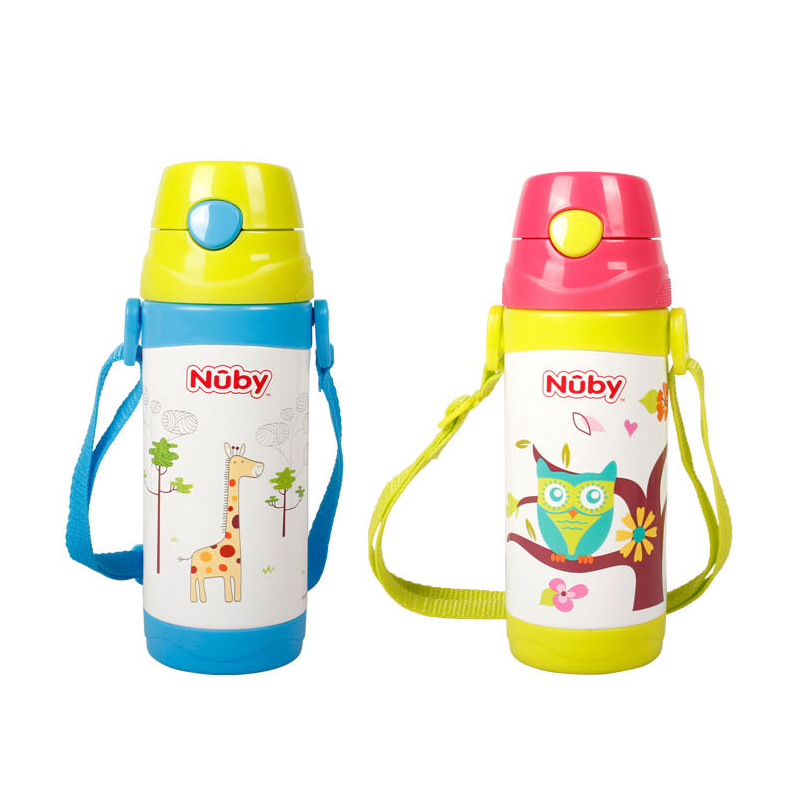 努比(Nuby)真空按键式不锈钢保温背带吸管杯水杯)10225(颜色图案随机) 360ml 适用年龄:12个月以上
