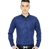 朗蒙 男士长袖衬衫 蓝色格子 L5M0501