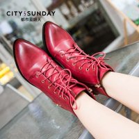 都市星期天皮鞋女冬季英伦女短靴前系带铆钉女靴及裸靴马丁靴潮靴红色