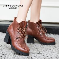 都市星期天新款粗跟短靴女秋2015粗跟真皮短靴及裸靴小皮鞋女英伦 卡其