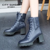 都市星期天2015秋冬真皮粗跟女靴系带马丁靴潮女短靴厚底高跟军靴 蓝色