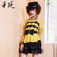 禾苑2015秋装新款女装蕾丝长袖女秋欧根纱收腰蓬蓬连衣裙小礼服 2172