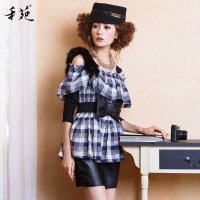 禾苑2015秋装新款英伦女装露肩性感女长袖甜美包臀连衣裙修身 潮 5294