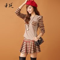 禾苑2015秋装新款女装两件套显瘦打底裙秋冬长袖格子套装裙 883X