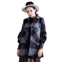 拓谷新款女装欧美设计款七分袖条纹中长款毛呢外套女