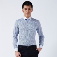 才子条纹蓝色长袖修身衬衫1151E4621100