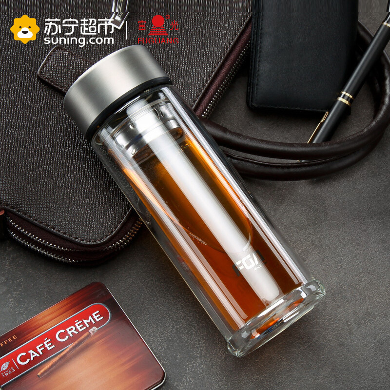 富光(FUGUANG)玻璃杯WFB1014-320 320ml品泽男女士创意便携玻璃杯 双层隔热透明玻璃茶杯 带茶隔水杯
