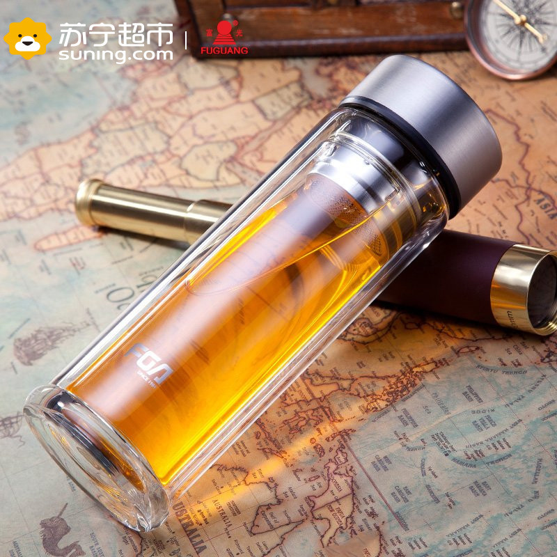 富光(FUGUANG)玻璃杯WFB1014-320 320ml品泽男女士创意便携玻璃杯 双层隔热透明玻璃茶杯 带茶隔水杯