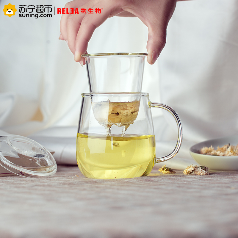 物生物（RELEA）带盖玻璃杯水杯创意过滤蘑菇杯子茶杯恒温宝套装 保温60℃
