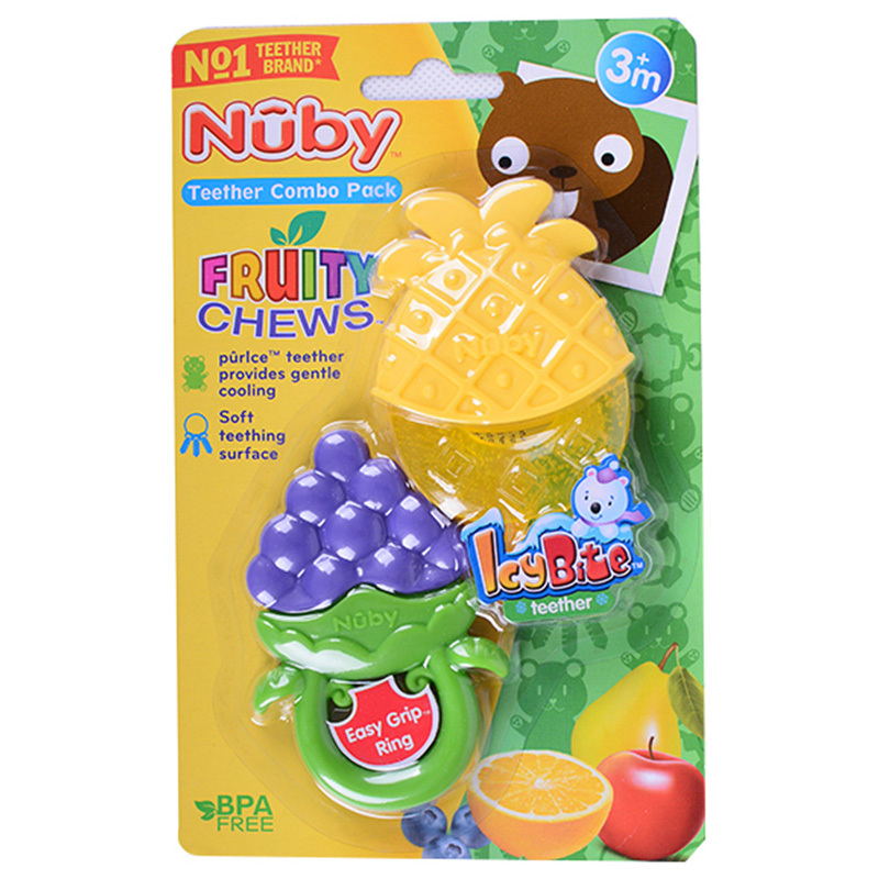美国nuby/努比 宝宝训练固齿器 冰胶固齿器牙胶水果造型两个组合装菠萝葡萄