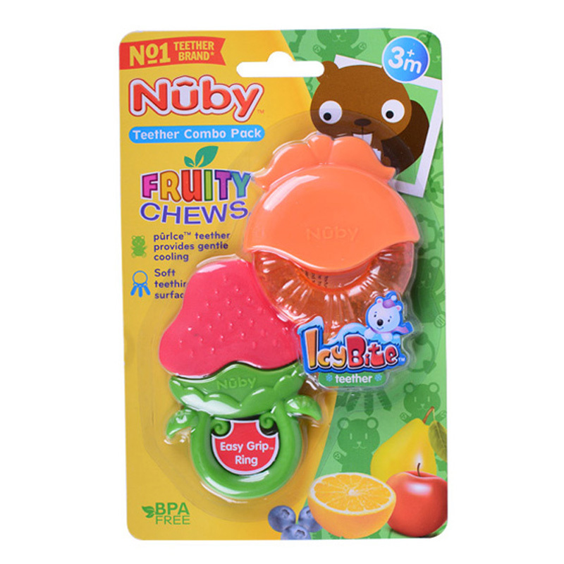 美国nuby/努比 宝宝训练固齿器 冰胶固齿器牙胶水果造型两个组合装 草莓橙子