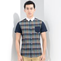 阿仕顿 男士时尚休闲撞色领棉质格子印花短袖衬衫 AW15217442