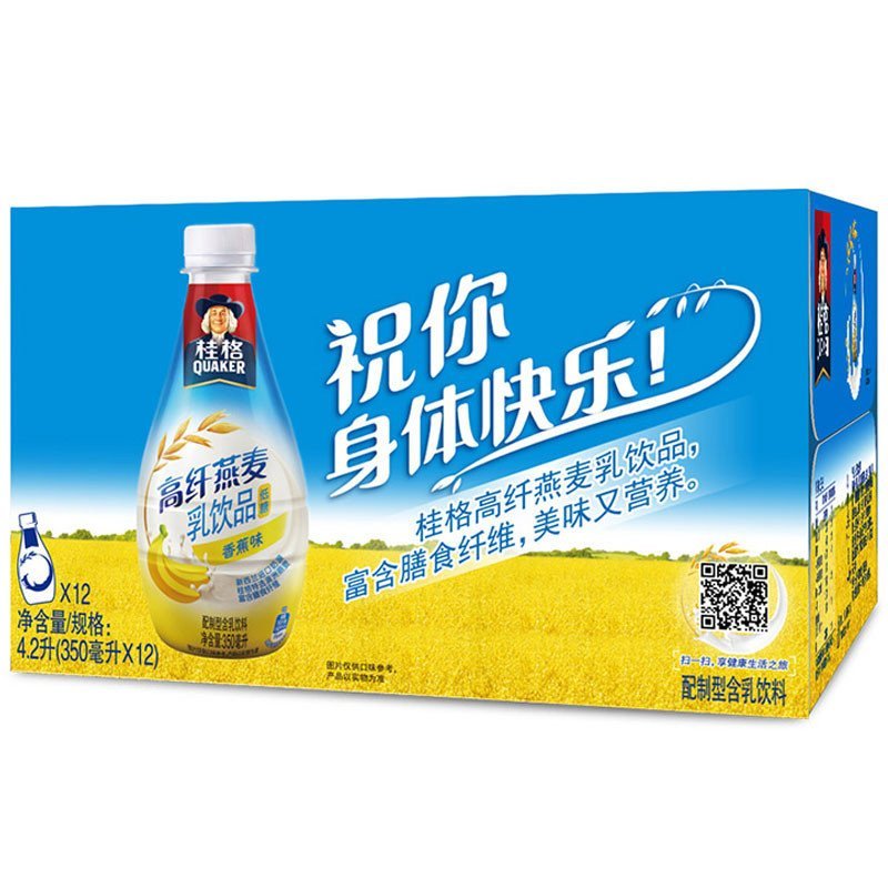 [苏宁超市]桂格高纤燕麦乳香蕉味(PET彩箱)350毫升*12瓶