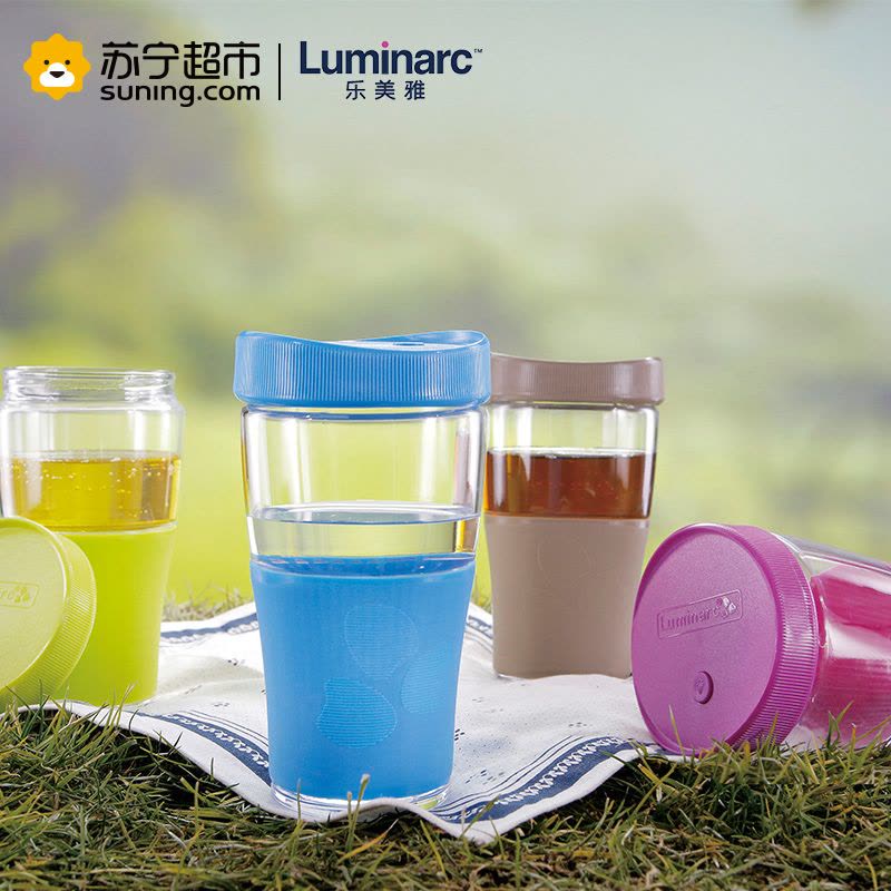 乐美雅（Luminarc）全钢化玻璃杯带盖水杯炫彩随行杯玫红色喝水杯牛奶杯500mlJ9997茶杯杯子图片