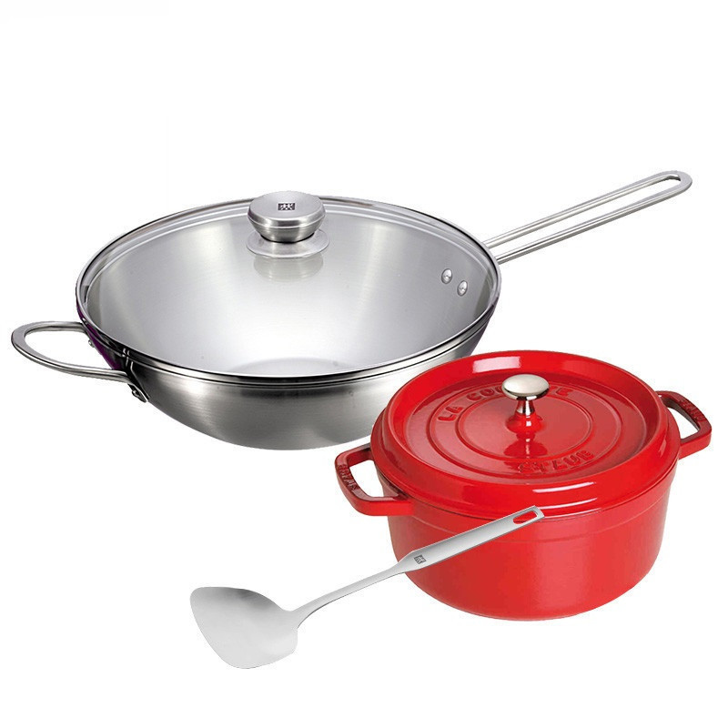 双立人Nova 30cm不锈钢中式炒锅+Staub 22cm珐琅铸铁锅具套装3件套40509-825-Z