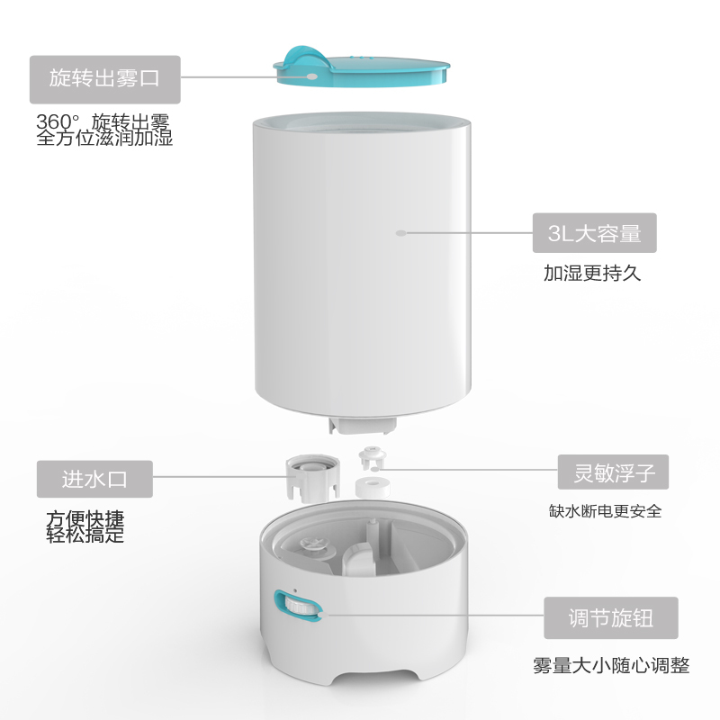 欧井(Eurgeen)OJS-301B 家用加湿器 3L迷你办公室空调卧室补水增湿机 轻音