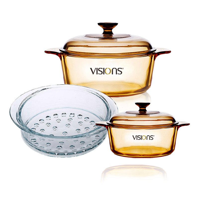 康宁VISIONS康宁晶彩透明蒸锅玻璃汤锅蒸格VS22+VS12+VSM20