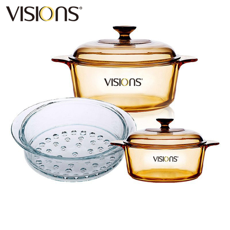 康宁(VISIONS)锅具套装VS22+VS12+VSM20晶彩透明蒸锅玻璃汤锅蒸格家用汤锅