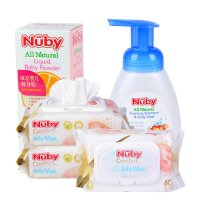 美国nuby/努比液态婴儿爽身粉125ml+婴儿洗发沐浴乳二合一250ml+婴儿柔湿巾80抽*3包