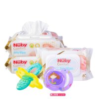 美国nuby/努比婴儿咀嚼训练固齿器牙胶+扁椭圆型安抚奶嘴(6-12个月)+婴儿柔湿巾80抽*3包组合套装