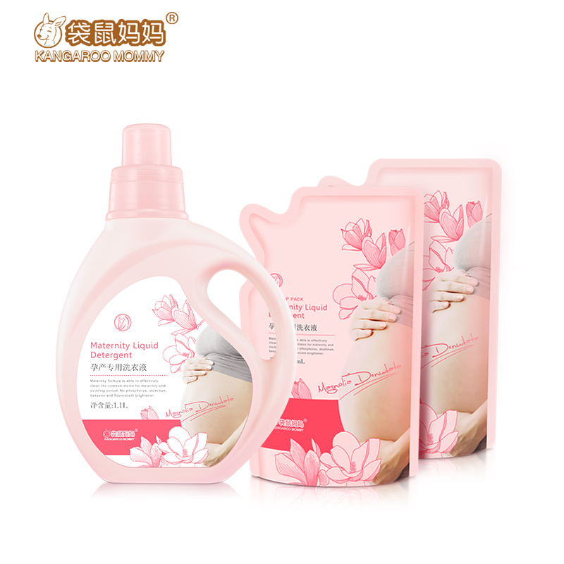袋鼠妈妈 孕妇洗衣液1.1L*1瓶+500ml*2补充装 衣物清洁剂 孕妇专用