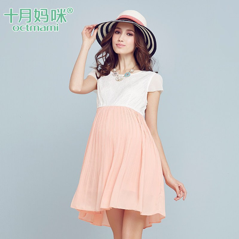 十月妈咪 孕妇短袖连衣裙 夏季薄款韩版时尚纯色蕾丝圆领孕妇装