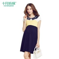 十月妈咪夏季连衣裙 韩版时尚短袖夏装 修身拼接镂空圆领孕妇裙