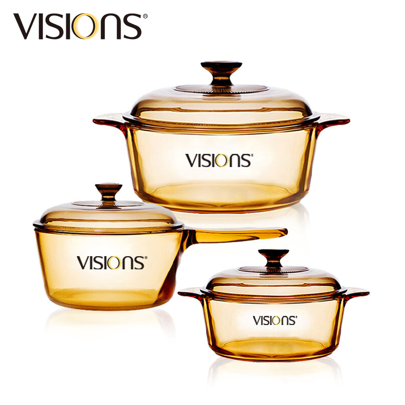 康宁(VISIONS)锅具套装晶彩透明玻璃锅系列 汤锅2.25L+1.25L+单柄锅1.5L