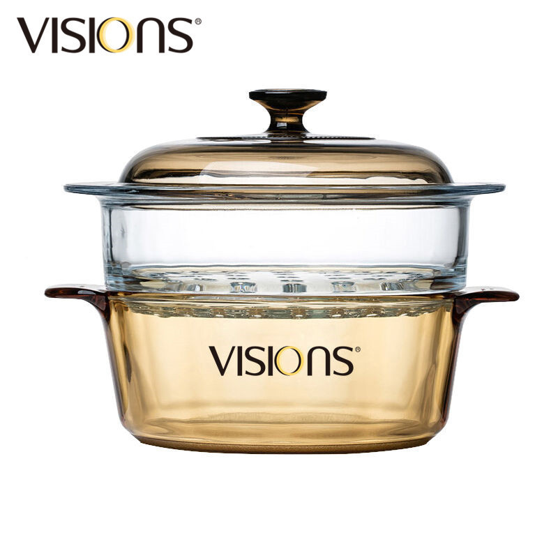 康宁(visions)锅具套装电陶炉 汤锅蒸格VHS-220-GD+3.25L汤锅+玻璃蒸锅24CM套装 赠烤盘