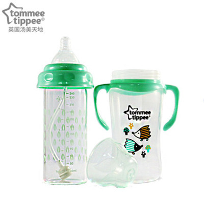 汤美天地 Tommee Tippee ESS宽口径玻璃奶瓶附PP保护套180ml-绿