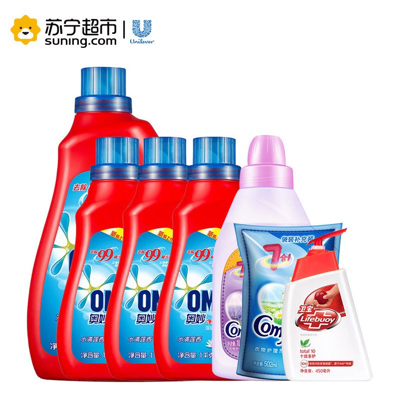 奥妙净蓝全效洗衣液5KG+金纺怡神薰衣草IL+清新柔顺502ml+卫宝抗菌洗手液-十效多护\乳润呵护\柠柚清新450ml