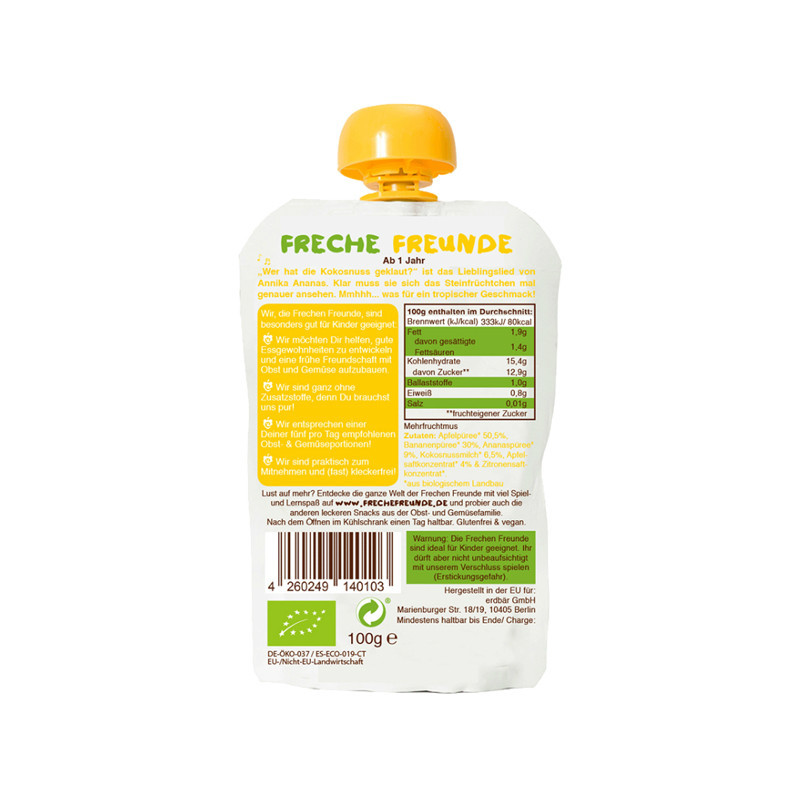 [苏宁自营] 爱淘熊[erdbar]苹果香蕉菠萝椰子味有机果蔬泥 100g/袋 (德国原装进口)