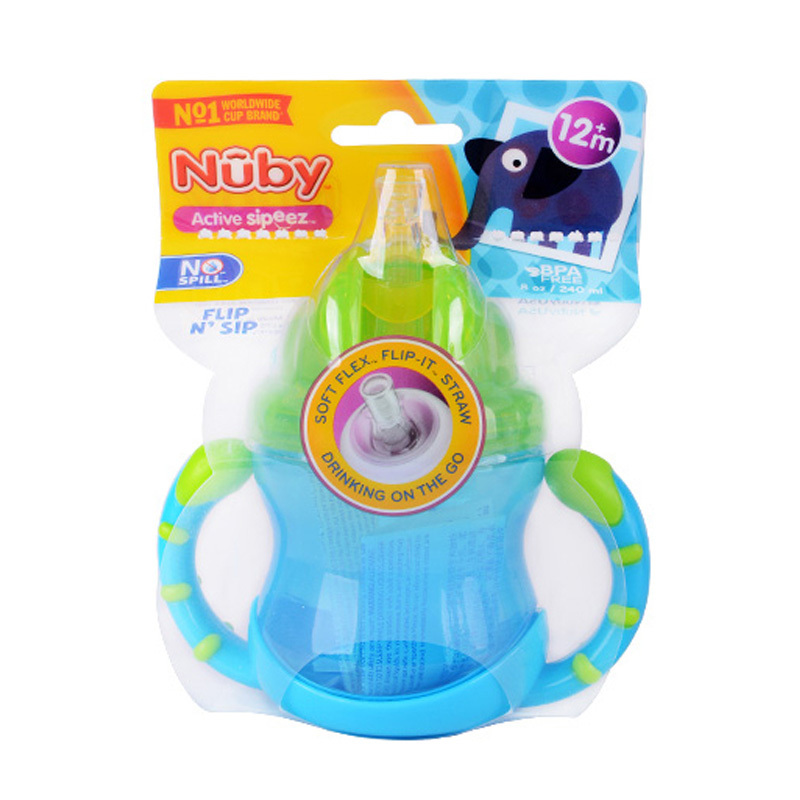 努比(Nuby)双耳防漏 孕婴童水壶 pp吸管杯(有硅胶圈)--240ml绿盖蓝身