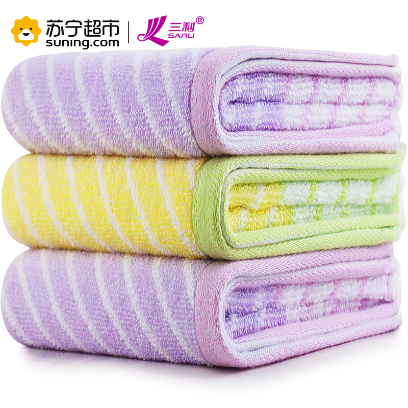 三利 纯棉斜纹彩条毛巾 34×72cm 柔软吸水洗脸面巾 混色3条装 34×72cm 提花工艺、彩色条纹
