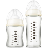 五羊孩子宝晶钻玻璃宽口径奶瓶180ml+240ml米黄2瓶套