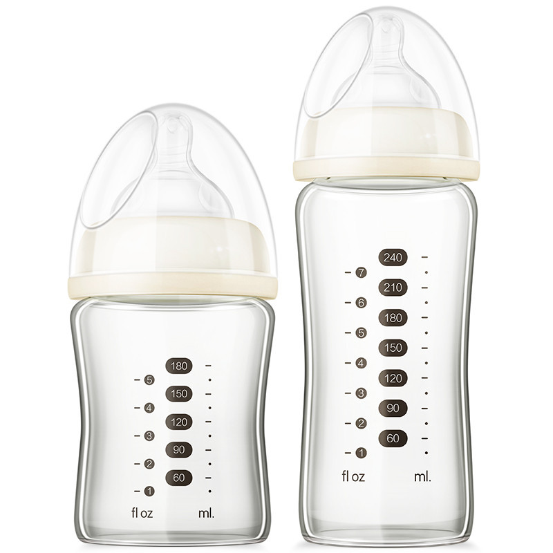 五羊孩子宝晶钻玻璃宽口径奶瓶180ml+240ml米黄2瓶套