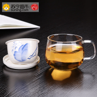 艺宏堂茶具办公杯 艺宏堂玻璃办公杯陶瓷内胆手绘 篮彩荷花3件杯