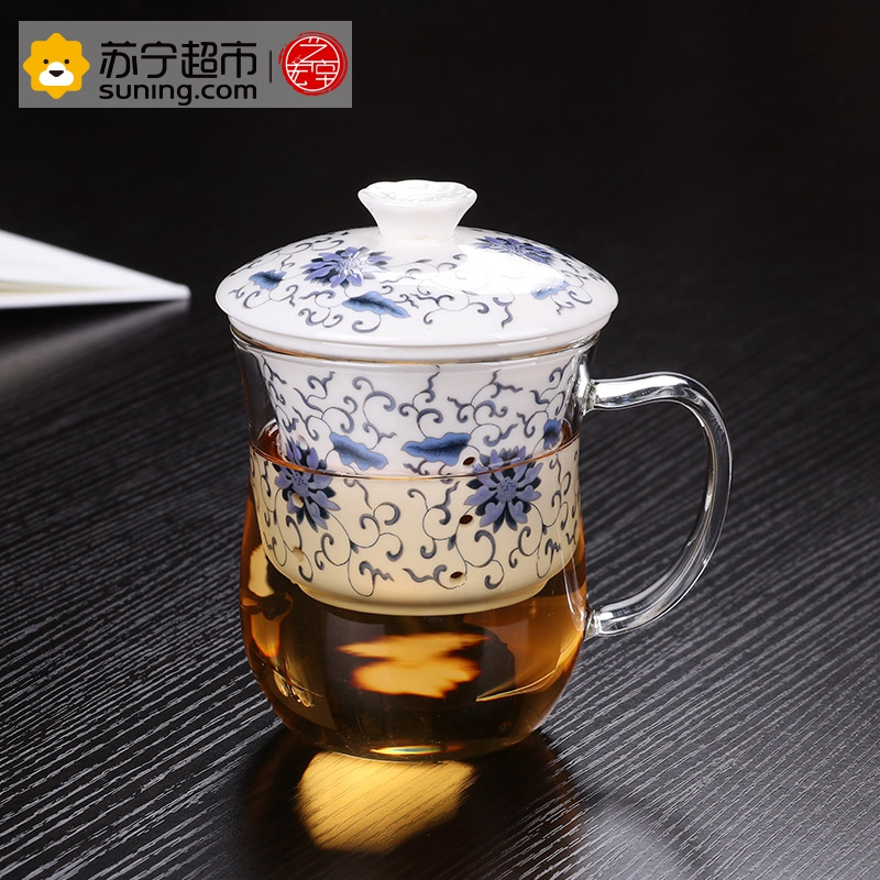 艺宏堂茶具办公杯 艺宏堂玻璃办公杯陶瓷内胆手绘 蓝藤花3件杯