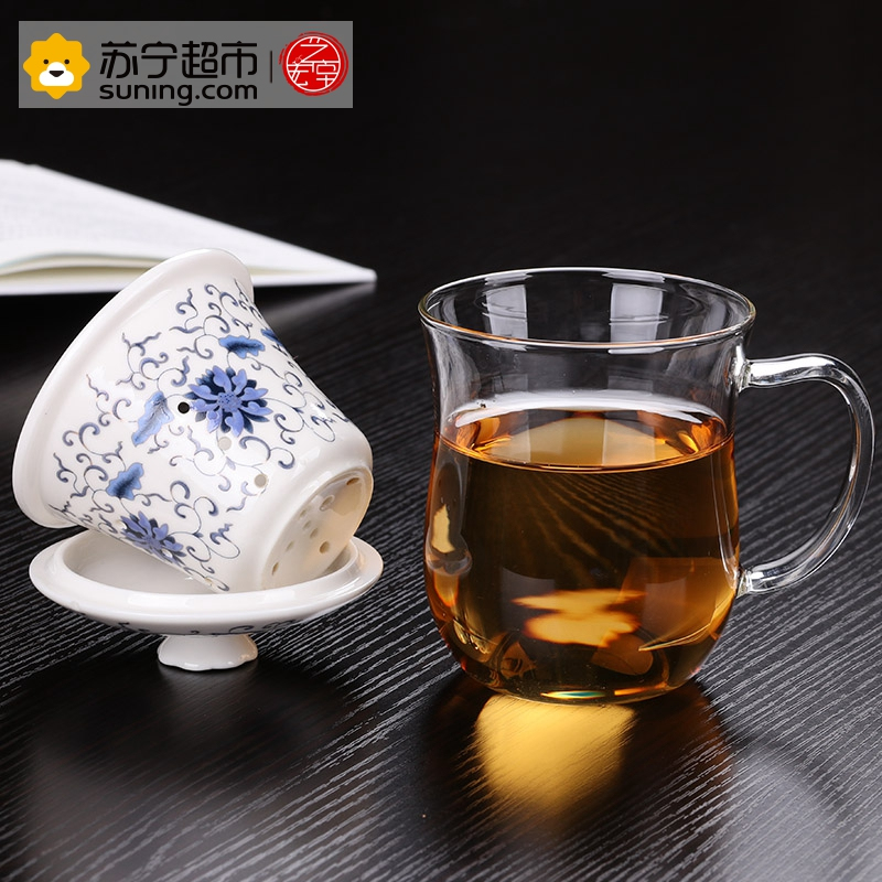 艺宏堂茶具办公杯 艺宏堂玻璃办公杯陶瓷内胆手绘 蓝藤花3件杯