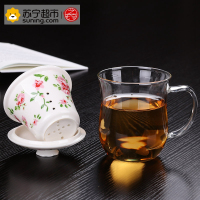 艺宏堂茶具办公杯 艺宏堂玻璃办公杯陶瓷内胆手绘 花语3件杯