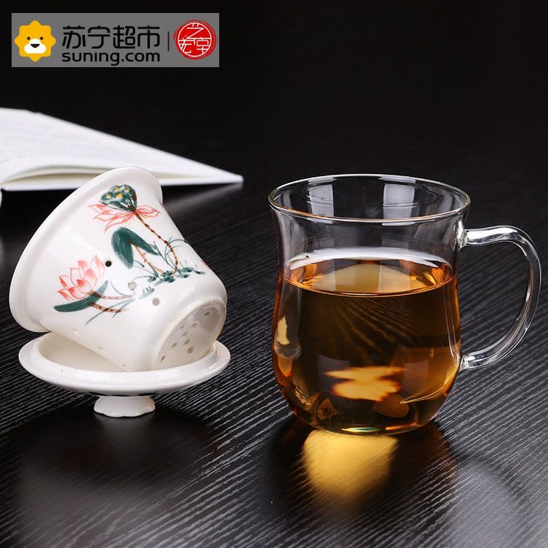 艺宏堂茶具办公杯 艺宏堂玻璃办公杯陶瓷内胆手绘 荷花3件杯图片
