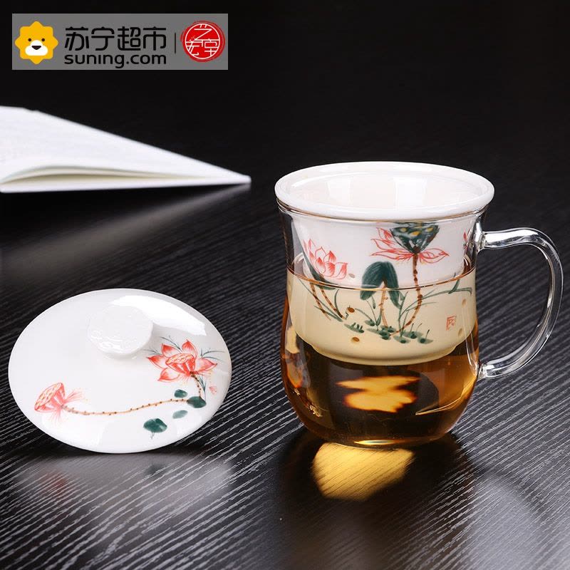 艺宏堂茶具办公杯 艺宏堂玻璃办公杯陶瓷内胆手绘 荷花3件杯图片