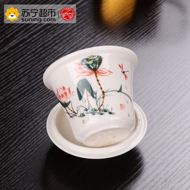 艺宏堂茶具办公杯 艺宏堂玻璃办公杯陶瓷内胆手绘 荷花3件杯图片