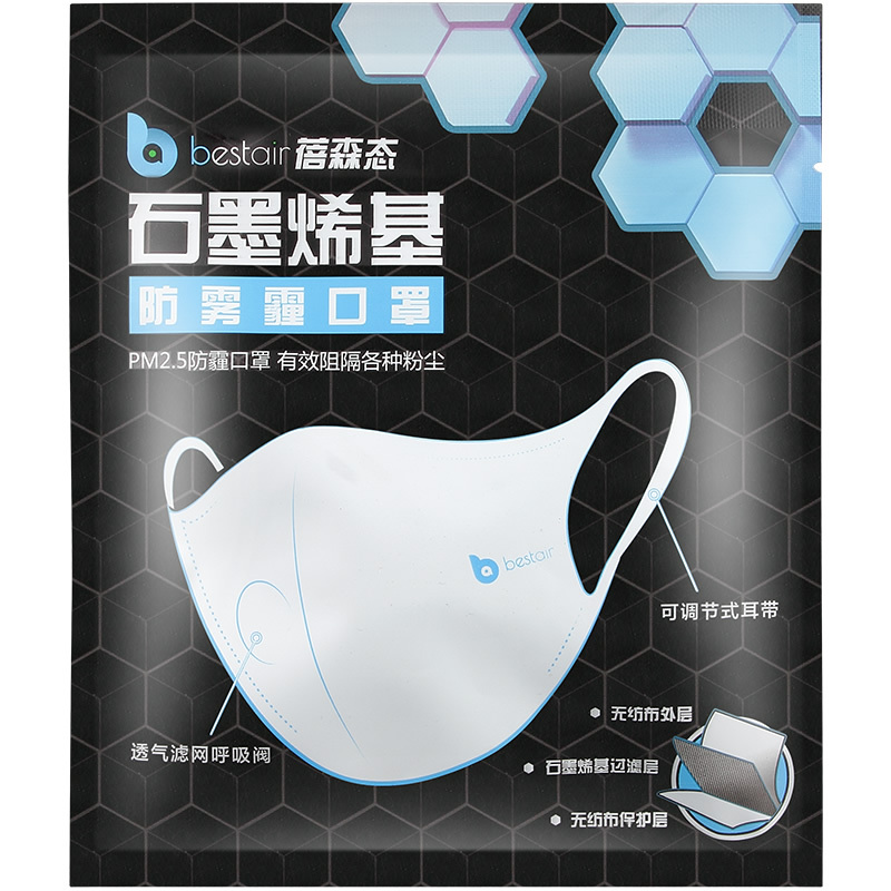 Bestair蓓森态石墨烯基防雾霾口罩深蓝色款(二只装)有效防止PM2.5、雾霾以及空气中各种粉尘
