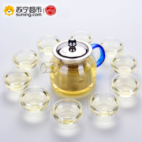 艺宏堂茶具玻璃茶具 艺宏堂玻璃花茶壶 耐高温玻璃茶具 蓝把短嘴玻璃套装